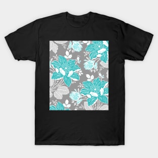 Teal Grey Vintage Floral Pattern T-Shirt